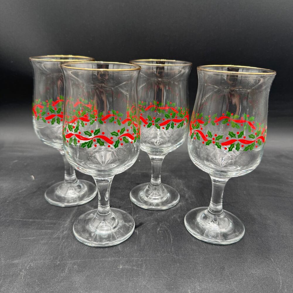 Libbey Holly and Ribbon Water Goblets with Gold Trim 7" Set of 4